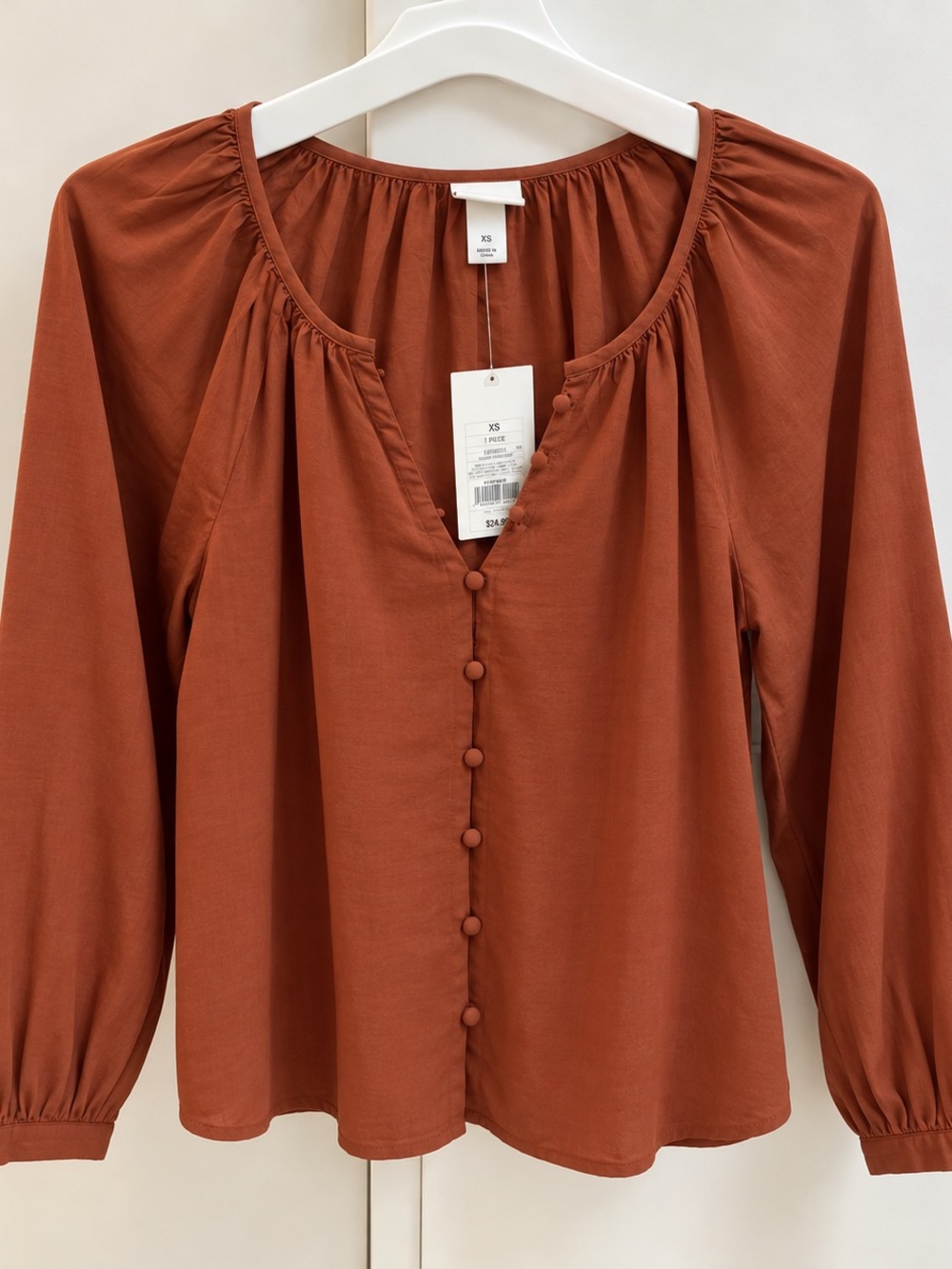 a new day Rust Button-Front Peasant Blouse